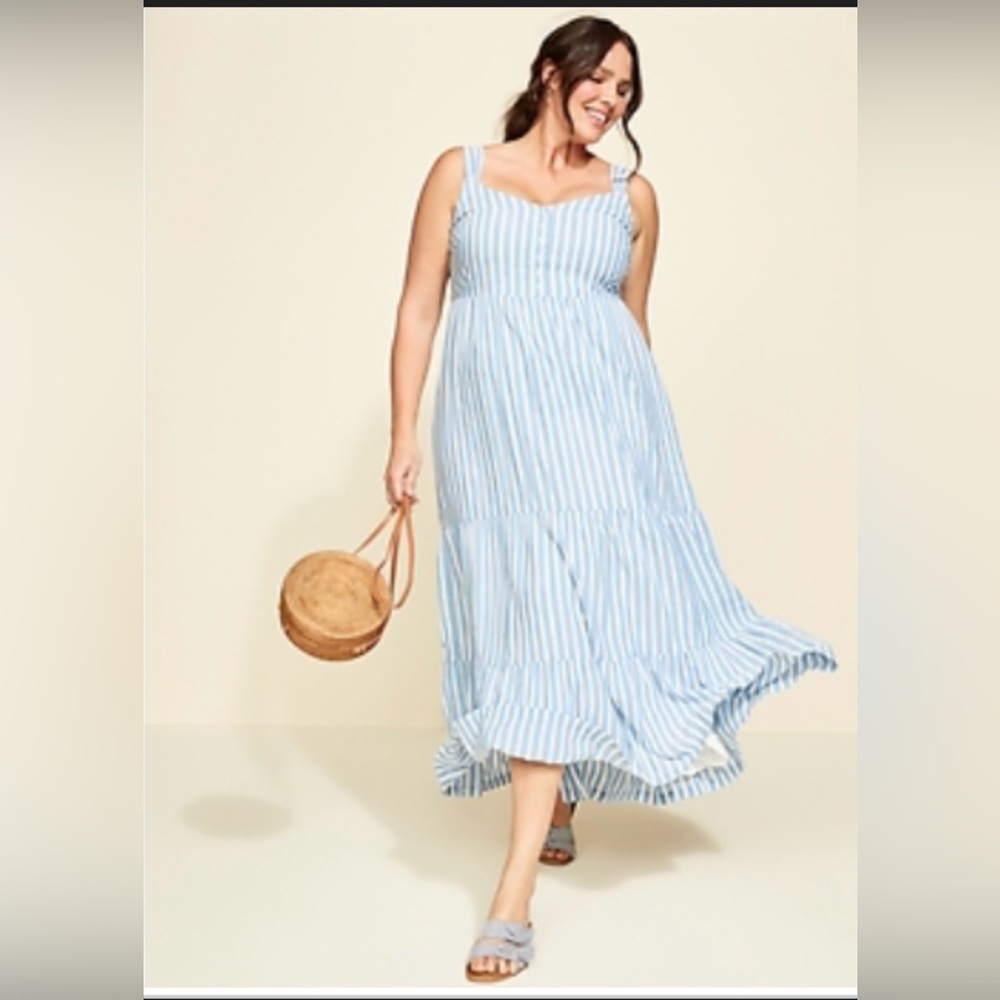 Blue White Striped Tiered Cami Dress Size Large Cotton Blend With Pockets